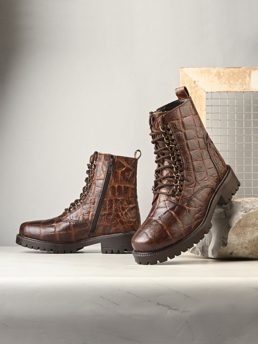 Carlo Romano brown color premium crocodile printed leather ankle boot for women