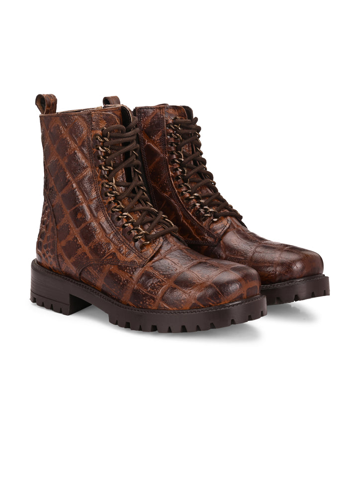 Carlo Romano brown color premium crocodile printed leather ankle boot for women