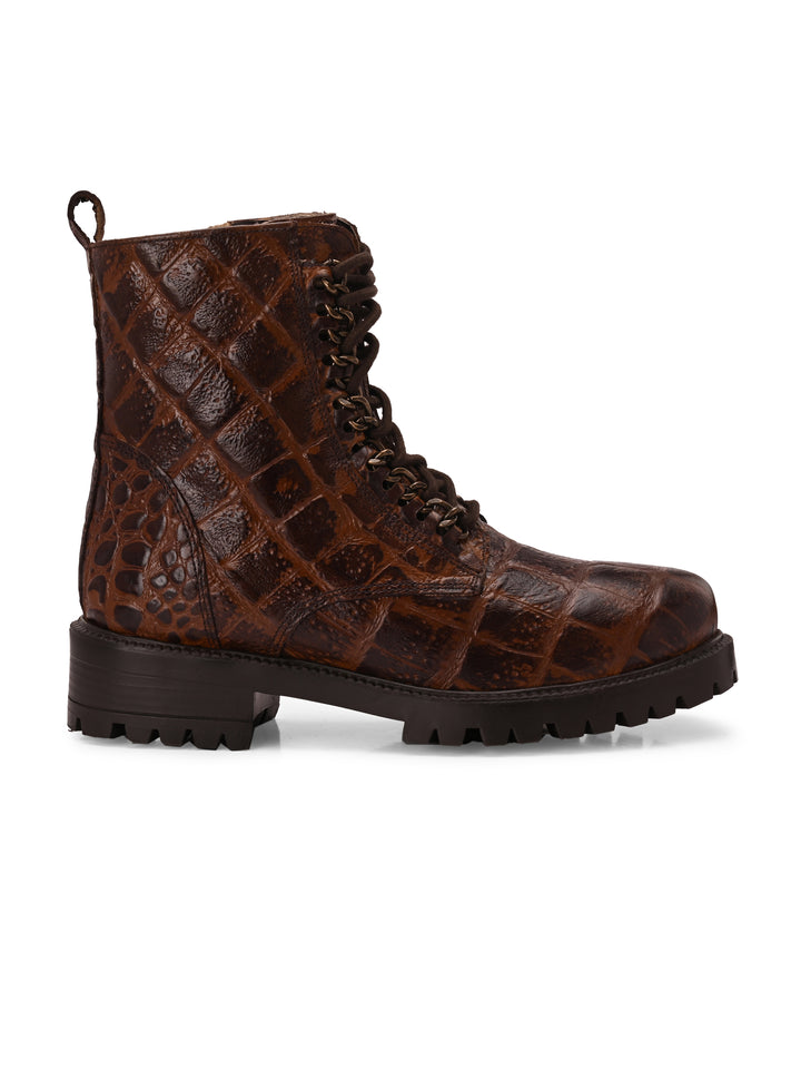 Carlo Romano brown color premium crocodile printed leather ankle boot for women