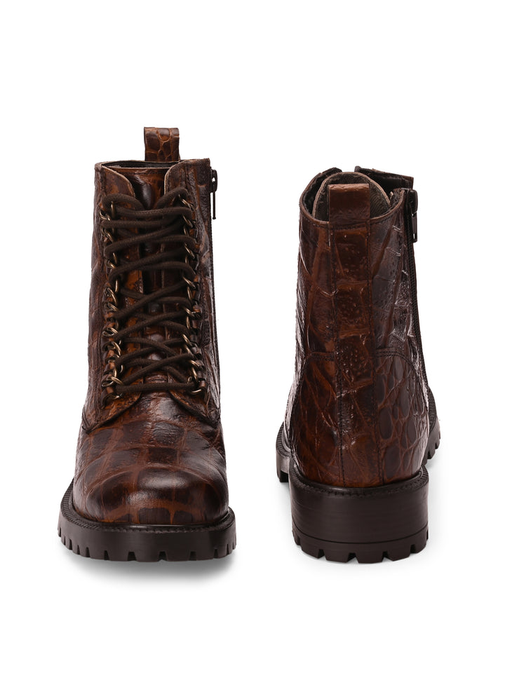 Carlo Romano brown color premium crocodile printed leather ankle boot for women