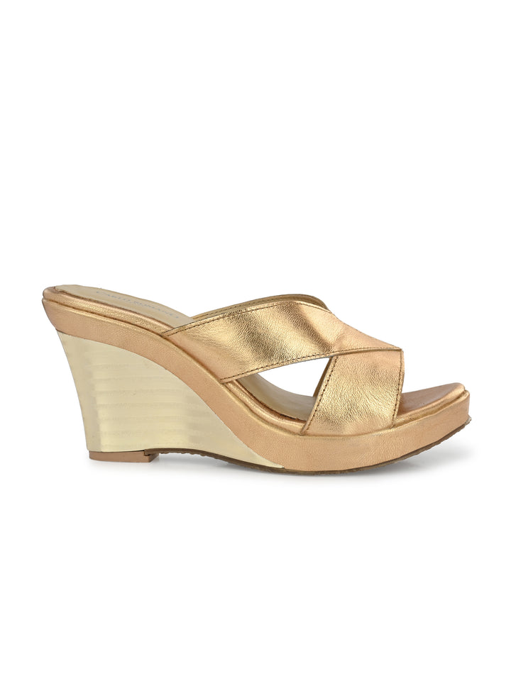 Women's Genuine Gold Metallic Leather Stylish Light Weight High Platform Heel Sandal / Premium Collection