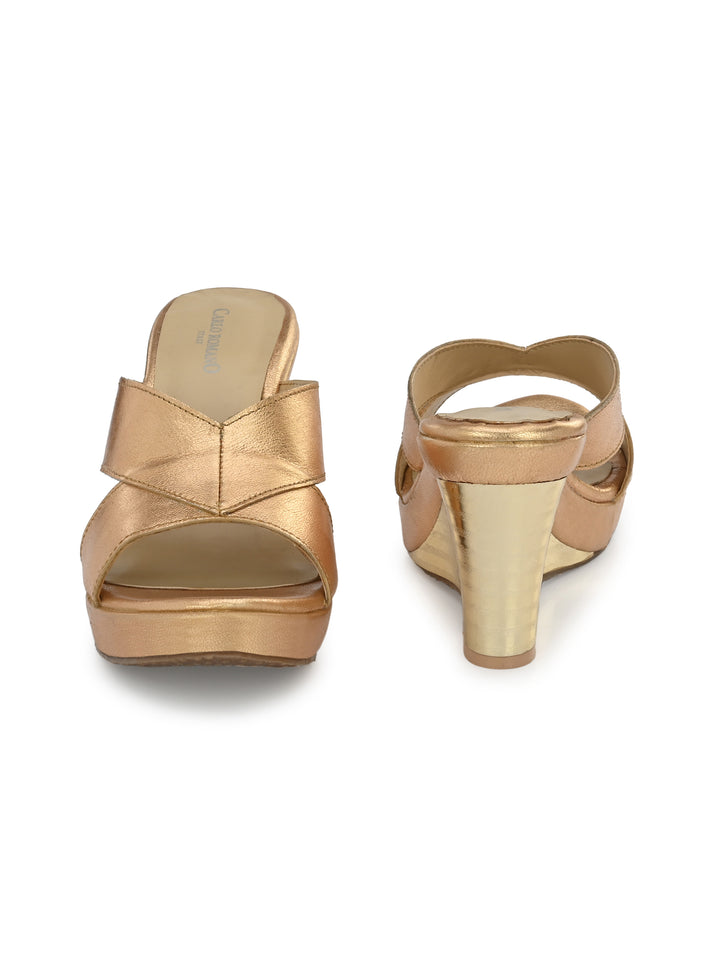 Women's Genuine Gold Metallic Leather Stylish Light Weight High Platform Heel Sandal / Premium Collection
