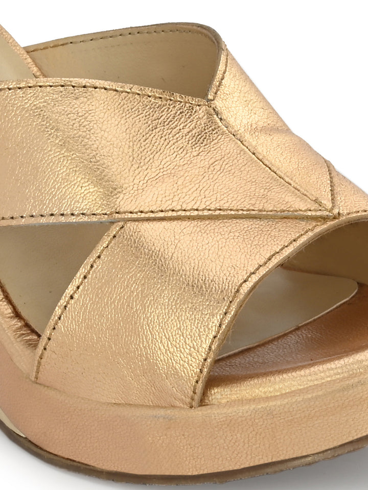 Women's Genuine Gold Metallic Leather Stylish Light Weight High Platform Heel Sandal / Premium Collection