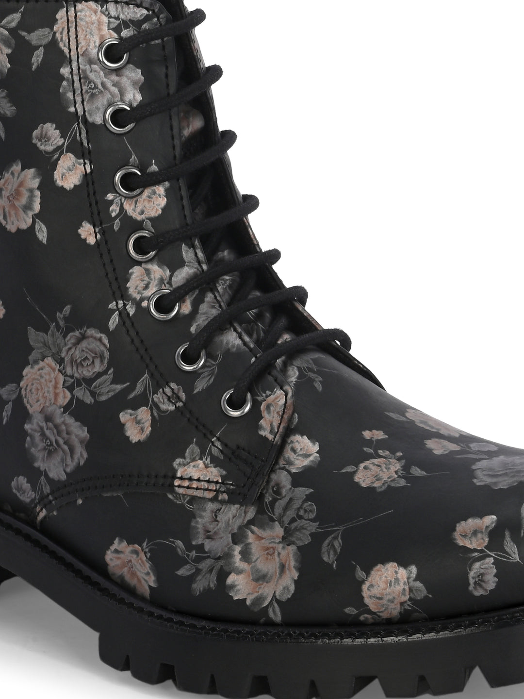 CARLO ROMANO BY WASAN BLACK  COLOR  VEGAN  LEATHER FLOWER PRINT LACE-UP ANKLE BOOTS WITH ZIP  FOR WOMEN