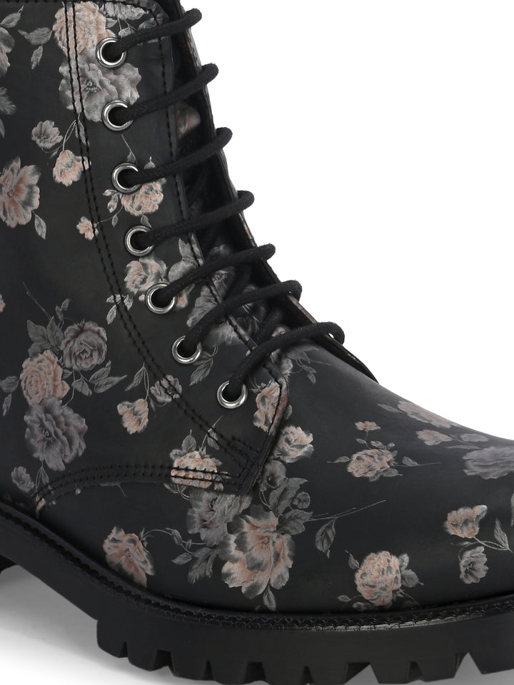 CARLO ROMANO BY WASAN BLACK  COLOR  VEGAN  LEATHER FLOWER PRINT LACE-UP ANKLE BOOTS WITH ZIP  FOR WOMEN