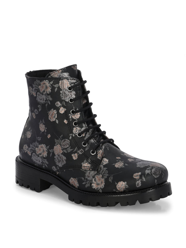 CARLO ROMANO BY WASAN BLACK  COLOR  VEGAN  LEATHER FLOWER PRINT LACE-UP ANKLE BOOTS WITH ZIP  FOR WOMEN