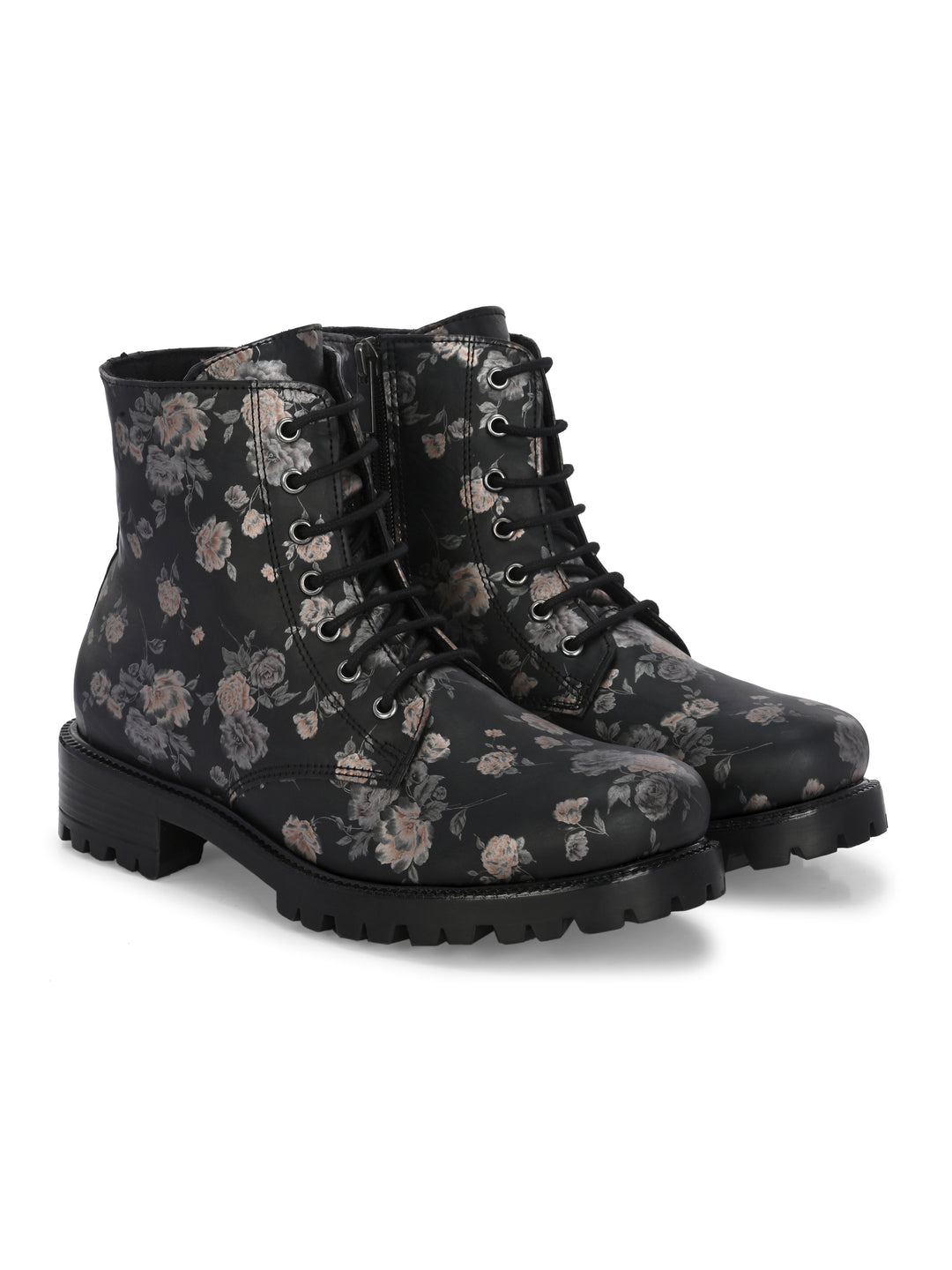 CARLO ROMANO BY WASAN BLACK  COLOR  VEGAN  LEATHER FLOWER PRINT LACE-UP ANKLE BOOTS WITH ZIP  FOR WOMEN