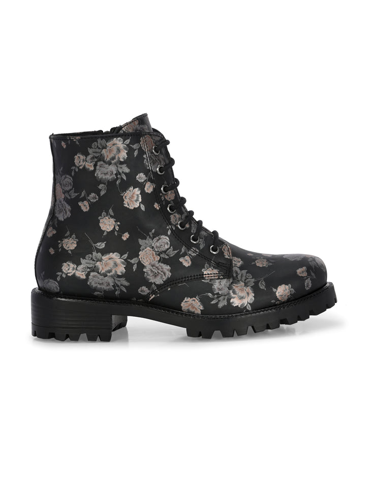 CARLO ROMANO BY WASAN BLACK  COLOR  VEGAN  LEATHER FLOWER PRINT LACE-UP ANKLE BOOTS WITH ZIP  FOR WOMEN