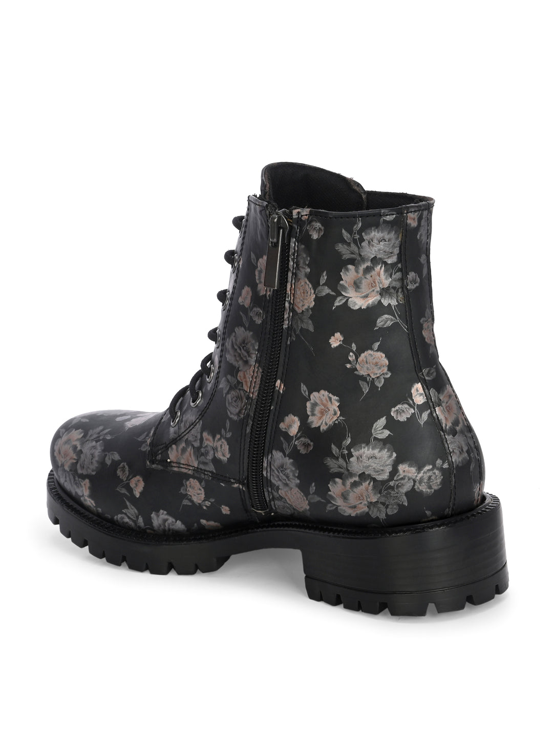 CARLO ROMANO BY WASAN BLACK  COLOR  VEGAN  LEATHER FLOWER PRINT LACE-UP ANKLE BOOTS WITH ZIP  FOR WOMEN
