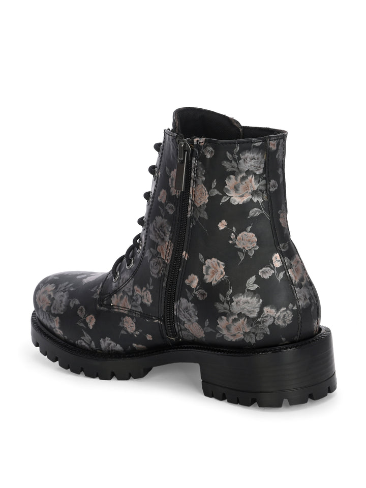 CARLO ROMANO BY WASAN BLACK  COLOR  VEGAN  LEATHER FLOWER PRINT LACE-UP ANKLE BOOTS WITH ZIP  FOR WOMEN