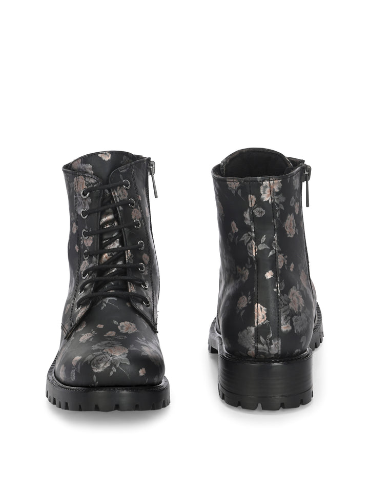 CARLO ROMANO BY WASAN BLACK  COLOR  VEGAN  LEATHER FLOWER PRINT LACE-UP ANKLE BOOTS WITH ZIP  FOR WOMEN