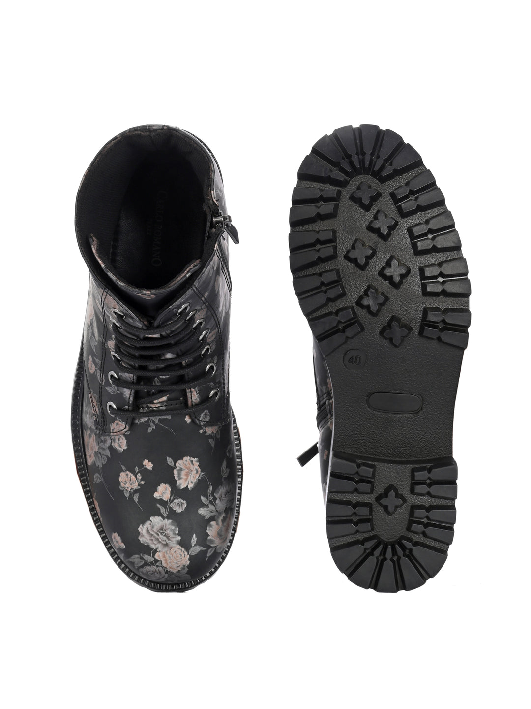 CARLO ROMANO BY WASAN BLACK  COLOR  VEGAN  LEATHER FLOWER PRINT LACE-UP ANKLE BOOTS WITH ZIP  FOR WOMEN