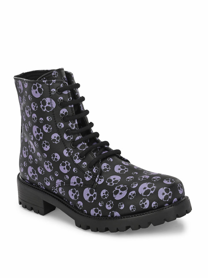 CARLO ROMANO BY WASAN BLACK-GREY COLOR VEGAN LEATHER SKULL PRINT LACE-UP ANKLE BOOTS WITH ZIP FOR WOMEN