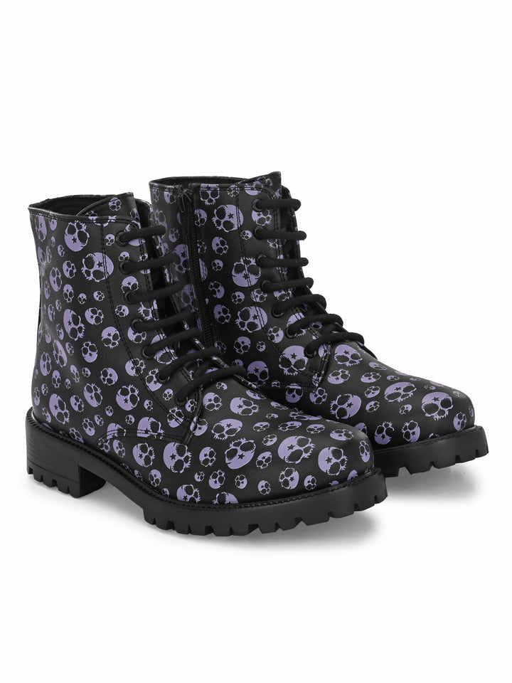 CARLO ROMANO BY WASAN BLACK-GREY COLOR VEGAN LEATHER SKULL PRINT LACE-UP ANKLE BOOTS WITH ZIP FOR WOMEN