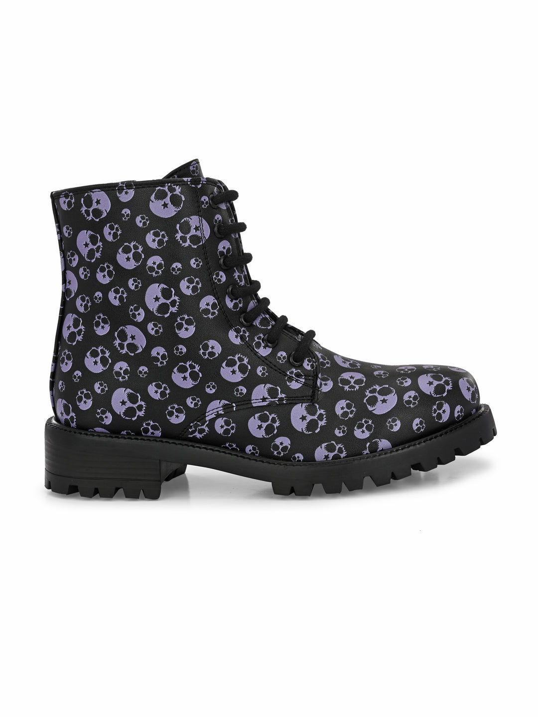 CARLO ROMANO BY WASAN BLACK-GREY COLOR VEGAN LEATHER SKULL PRINT LACE-UP ANKLE BOOTS WITH ZIP FOR WOMEN