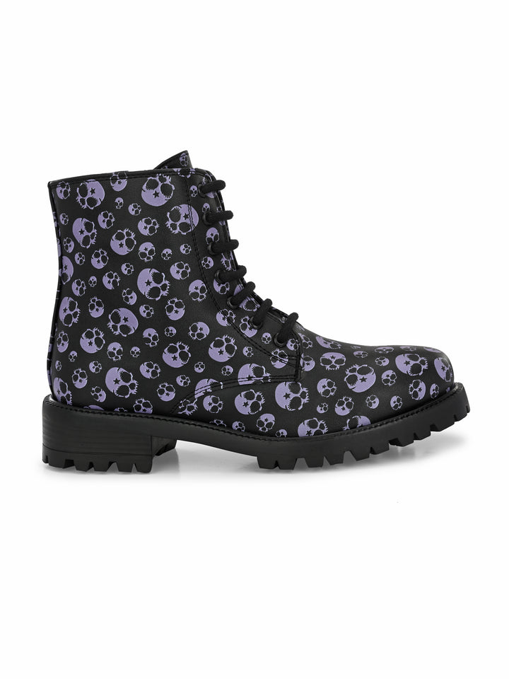 CARLO ROMANO BY WASAN BLACK-GREY COLOR VEGAN LEATHER SKULL PRINT LACE-UP ANKLE BOOTS WITH ZIP FOR WOMEN
