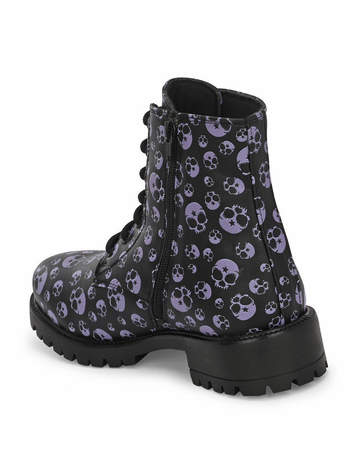 CARLO ROMANO BY WASAN BLACK-GREY COLOR VEGAN LEATHER SKULL PRINT LACE-UP ANKLE BOOTS WITH ZIP FOR WOMEN