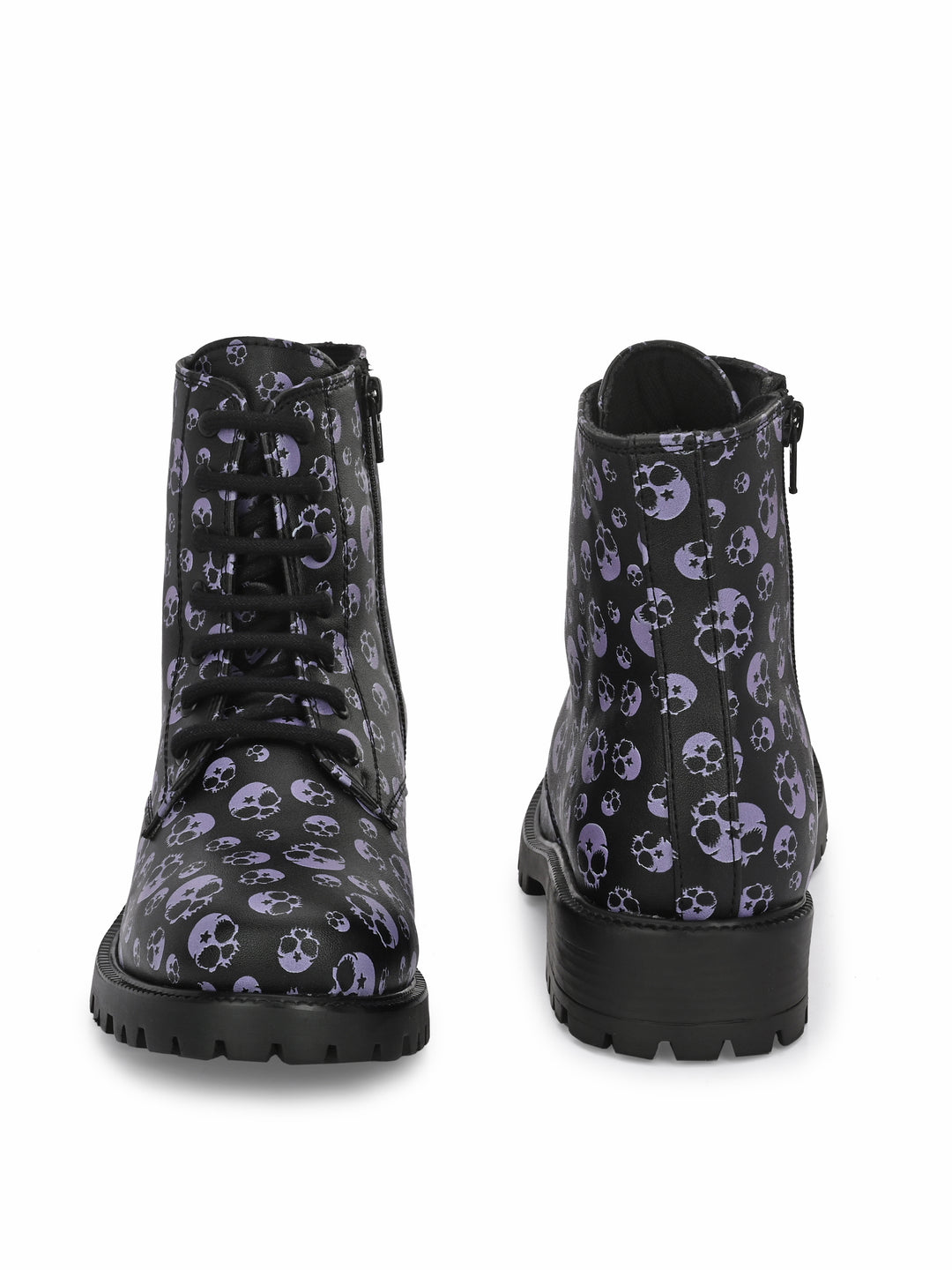 CARLO ROMANO BY WASAN BLACK-GREY COLOR VEGAN LEATHER SKULL PRINT LACE-UP ANKLE BOOTS WITH ZIP FOR WOMEN