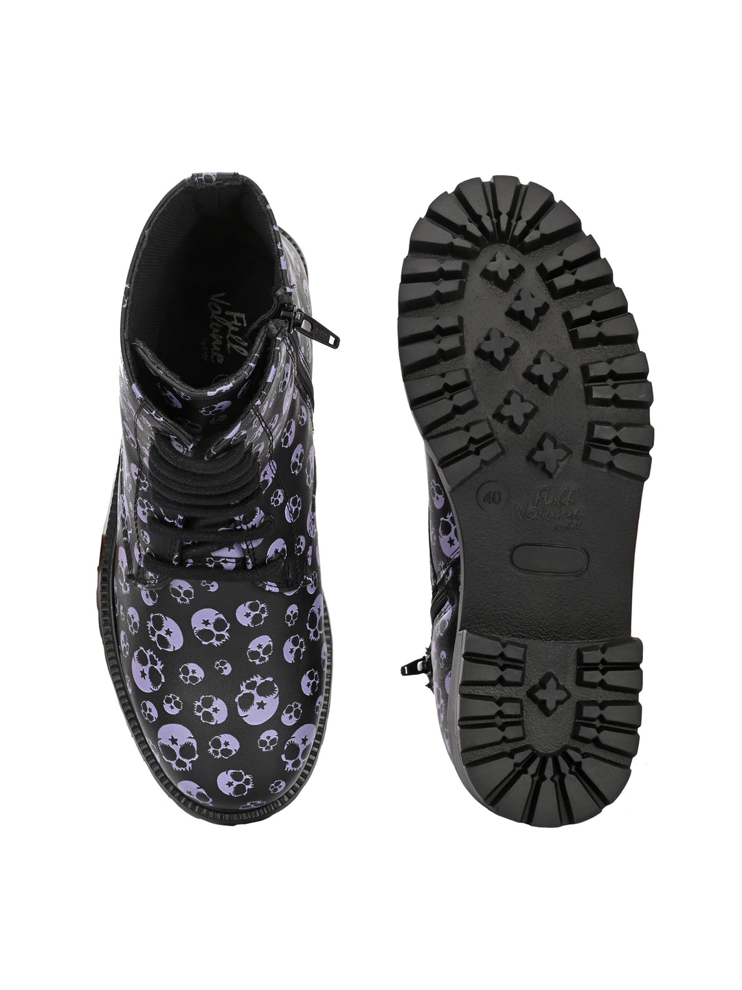 CARLO ROMANO BY WASAN BLACK-GREY COLOR VEGAN LEATHER SKULL PRINT LACE-UP ANKLE BOOTS WITH ZIP FOR WOMEN