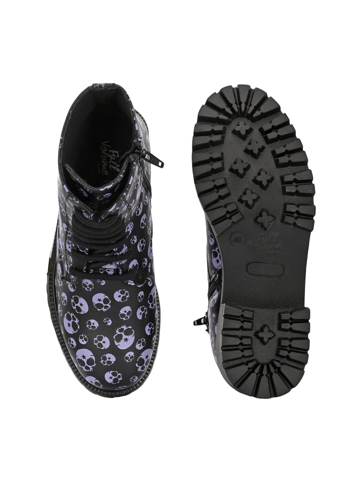 CARLO ROMANO BY WASAN BLACK-GREY COLOR VEGAN LEATHER SKULL PRINT LACE-UP ANKLE BOOTS WITH ZIP FOR WOMEN