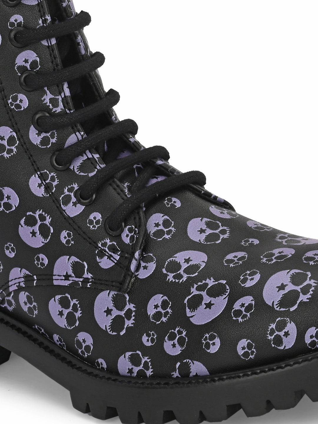 CARLO ROMANO BY WASAN BLACK-GREY COLOR VEGAN LEATHER SKULL PRINT LACE-UP ANKLE BOOTS WITH ZIP FOR WOMEN