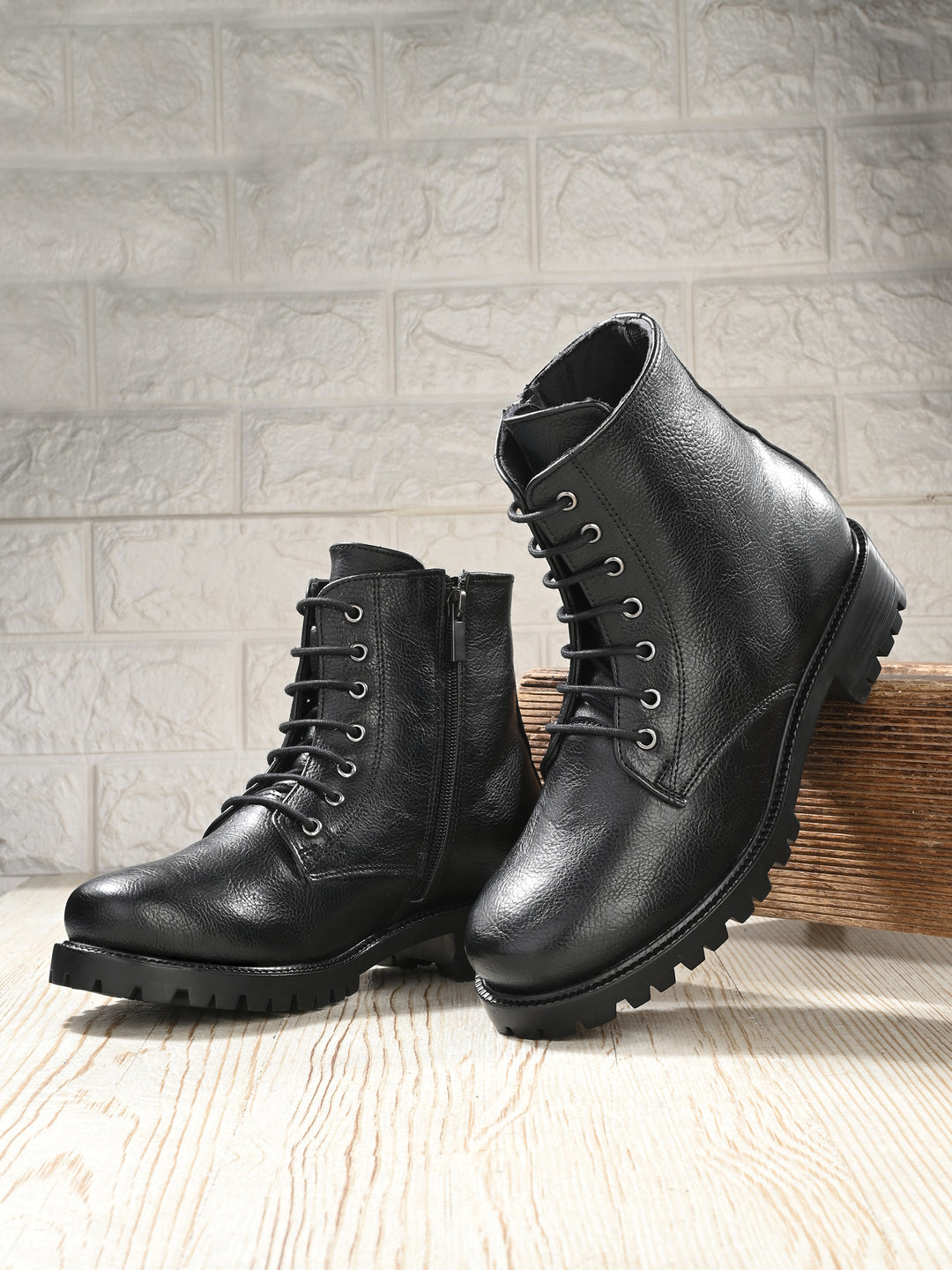 CARLO ROMANO BY WASAN BLACK  COLOR  VEGAN  LEATHER LACE-UP WITH ZIP ANKLE BOOTS FOR WOMEN