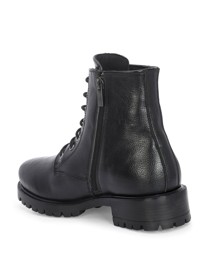 CARLO ROMANO BY WASAN BLACK  COLOR  VEGAN  LEATHER LACE-UP WITH ZIP ANKLE BOOTS FOR WOMEN