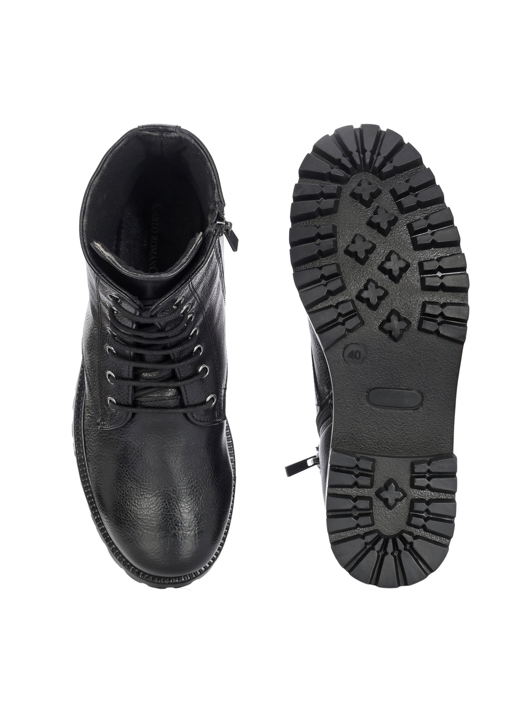 CARLO ROMANO BY WASAN BLACK  COLOR  VEGAN  LEATHER LACE-UP WITH ZIP ANKLE BOOTS FOR WOMEN