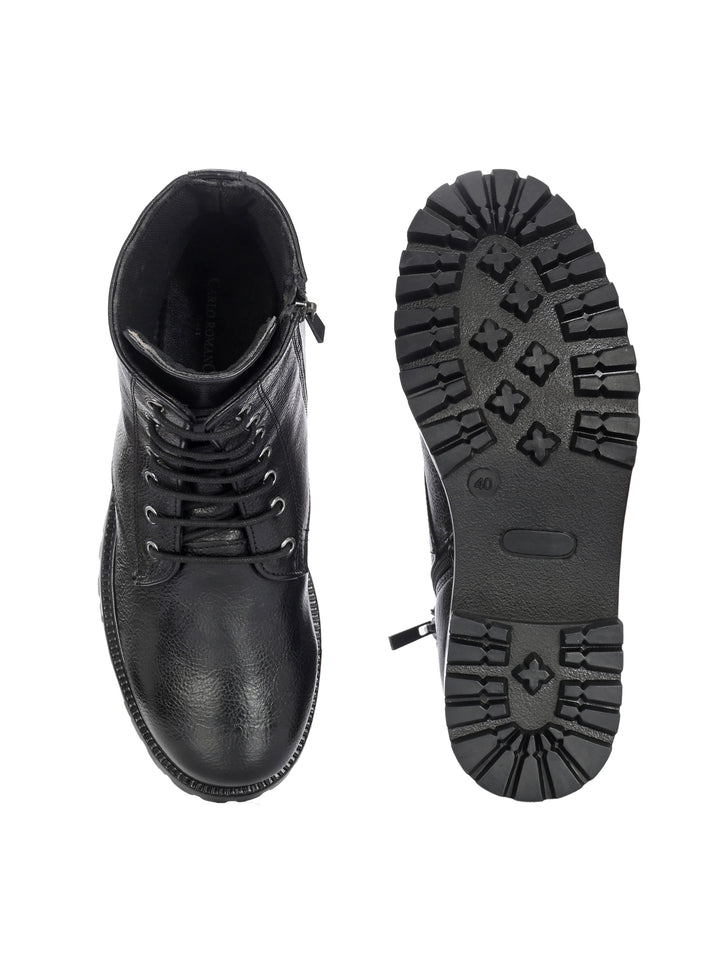CARLO ROMANO BY WASAN BLACK  COLOR  VEGAN  LEATHER LACE-UP WITH ZIP ANKLE BOOTS FOR WOMEN