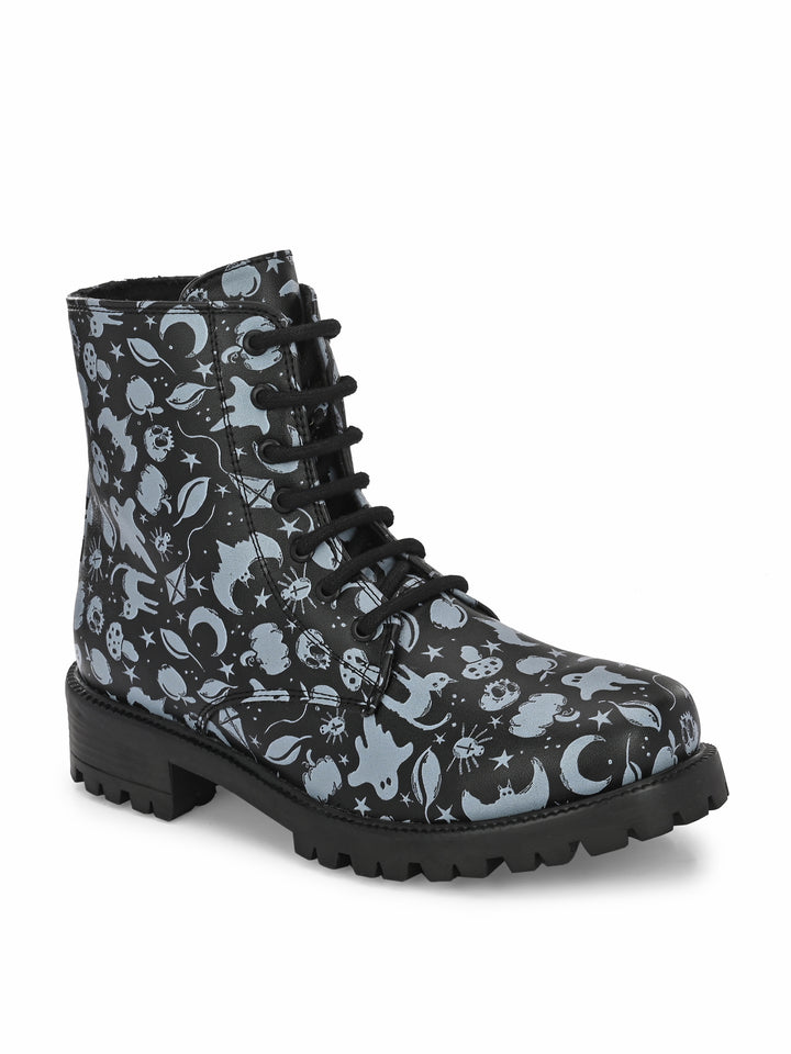 CARLO ROMANO BY WASAN BLACK-GREY COLOR VEGAN LEATHER PRINT LACE-UP ANKLE BOOTS WITH ZIP FOR WOMEN