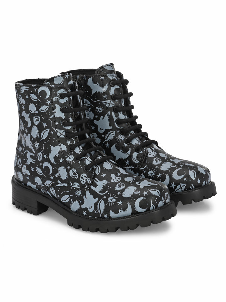 CARLO ROMANO BY WASAN BLACK-GREY COLOR VEGAN LEATHER PRINT LACE-UP ANKLE BOOTS WITH ZIP FOR WOMEN
