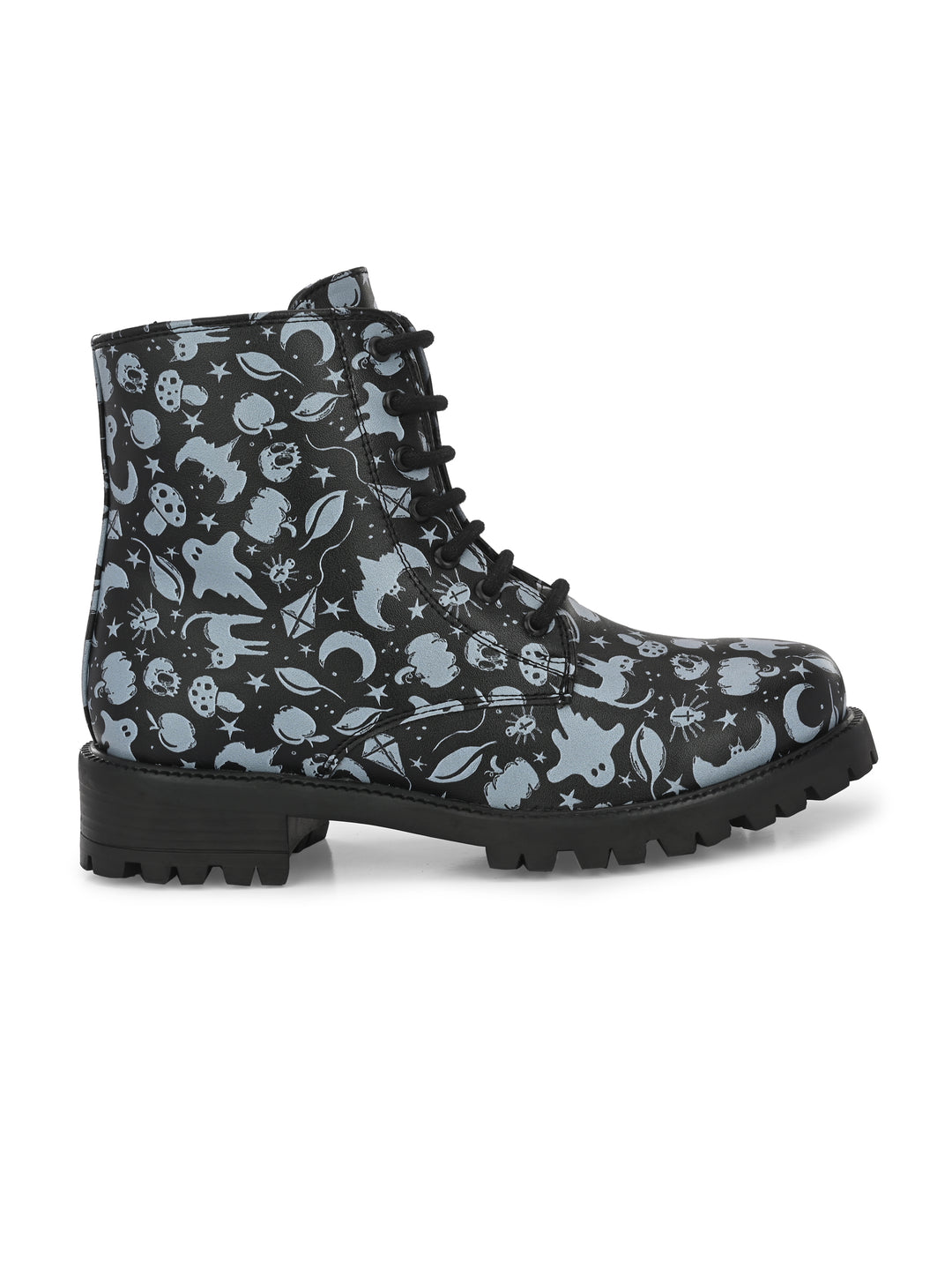 CARLO ROMANO BY WASAN BLACK-GREY COLOR VEGAN LEATHER PRINT LACE-UP ANKLE BOOTS WITH ZIP FOR WOMEN