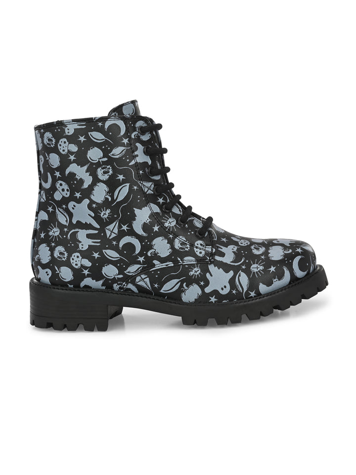 CARLO ROMANO BY WASAN BLACK-GREY COLOR VEGAN LEATHER PRINT LACE-UP ANKLE BOOTS WITH ZIP FOR WOMEN