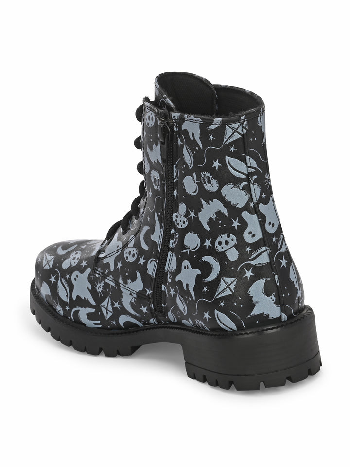 CARLO ROMANO BY WASAN BLACK-GREY COLOR VEGAN LEATHER PRINT LACE-UP ANKLE BOOTS WITH ZIP FOR WOMEN