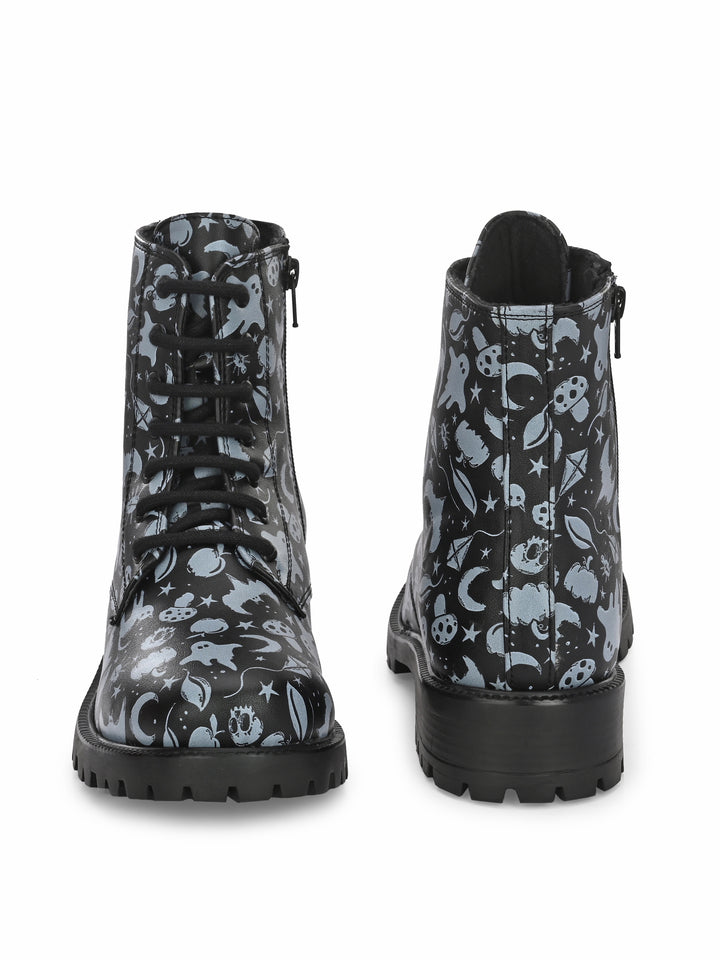 CARLO ROMANO BY WASAN BLACK-GREY COLOR VEGAN LEATHER PRINT LACE-UP ANKLE BOOTS WITH ZIP FOR WOMEN