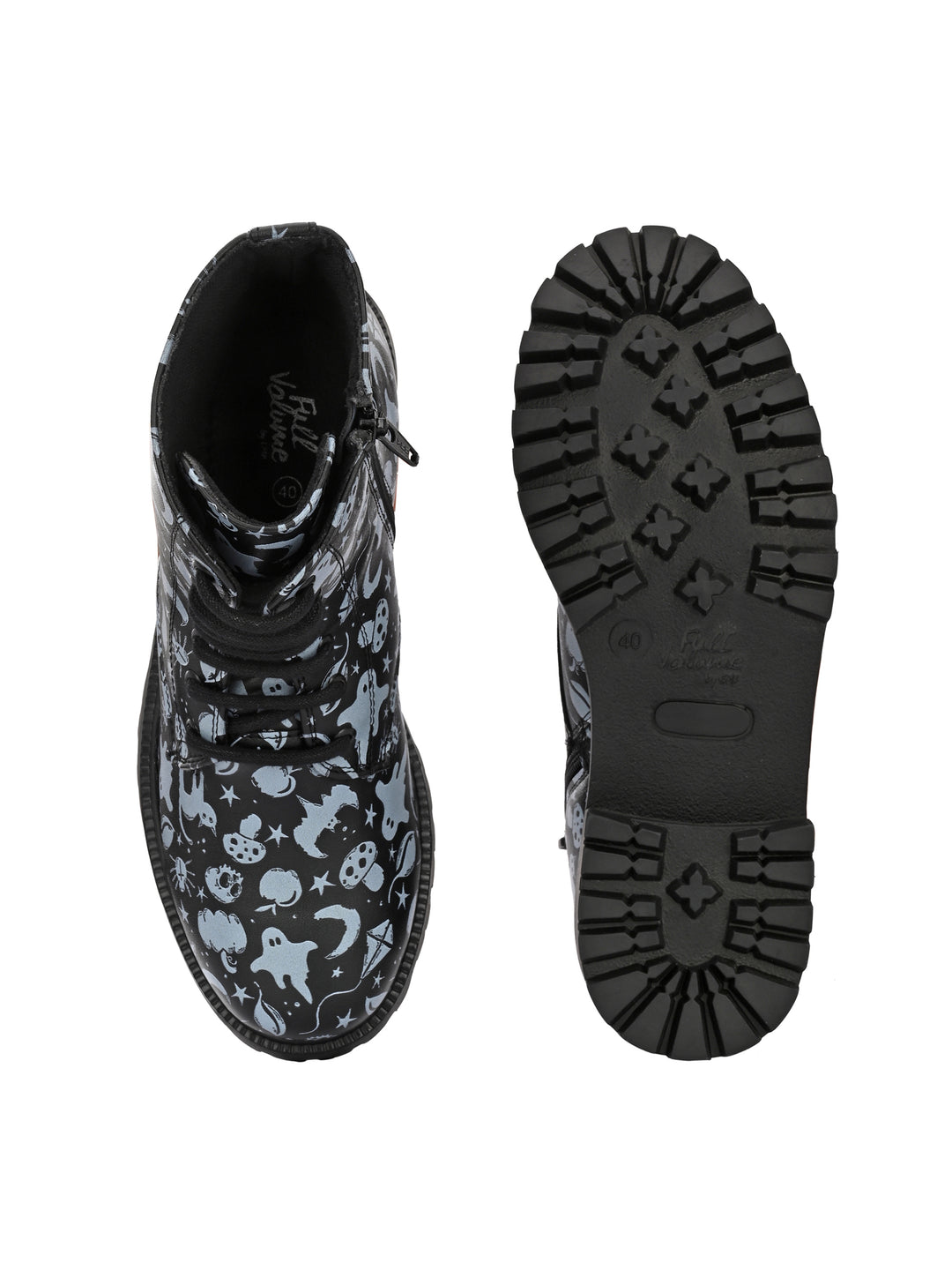 CARLO ROMANO BY WASAN BLACK-GREY COLOR VEGAN LEATHER PRINT LACE-UP ANKLE BOOTS WITH ZIP FOR WOMEN