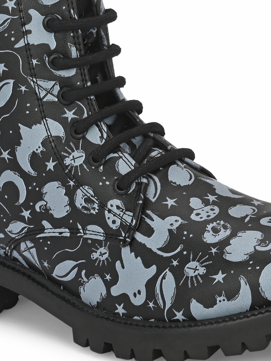 CARLO ROMANO BY WASAN BLACK-GREY COLOR VEGAN LEATHER PRINT LACE-UP ANKLE BOOTS WITH ZIP FOR WOMEN