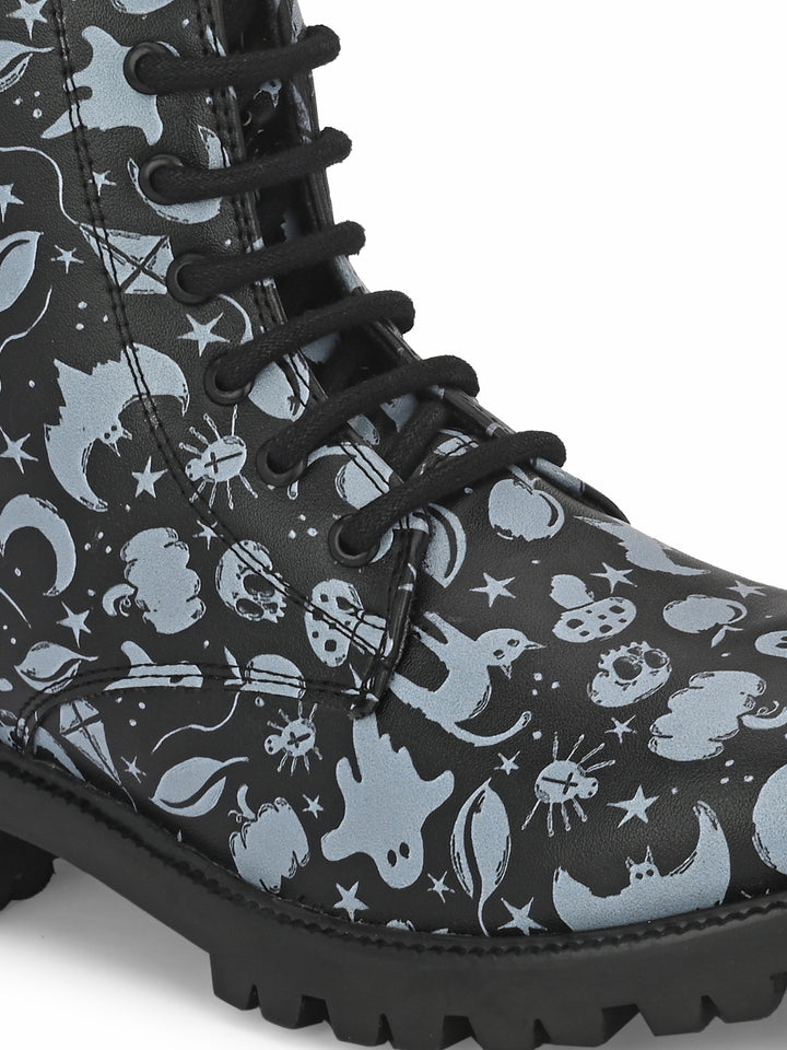 CARLO ROMANO BY WASAN BLACK-GREY COLOR VEGAN LEATHER PRINT LACE-UP ANKLE BOOTS WITH ZIP FOR WOMEN