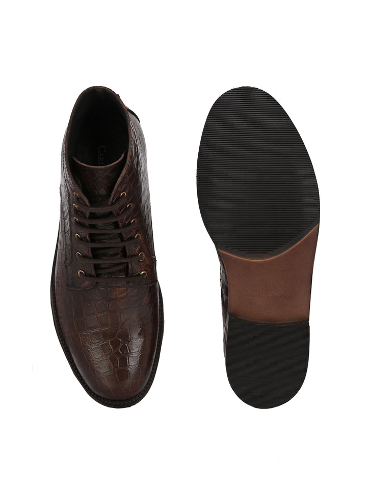 CARLO ROMANO BROWN COLOR PREMIUM RANGE ITALIAN CROCODILE PRINTED LEATHER BOOT FOR MEN