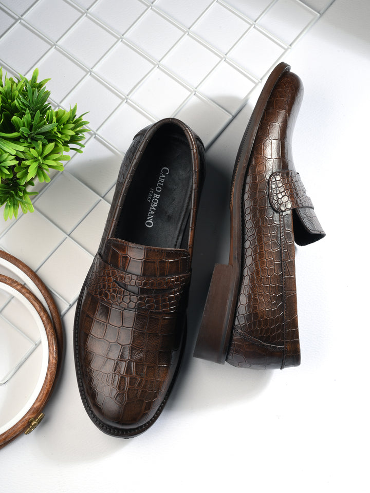 CARLO ROMANO BROWN COLOR PREMIUM RANGE ITALIAN CROCODILE PRINTED LEATHER MOCCASIN SHOE FOR MEN