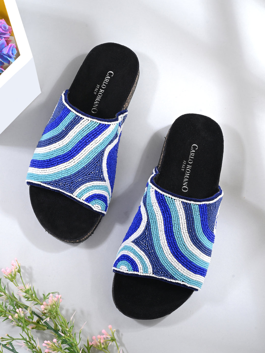 CARLO ROMANO BY WASAN MULTI COLOR EMBROIDERY FASHIONABLE LEATHER SLIPPER  FOR WOMEN