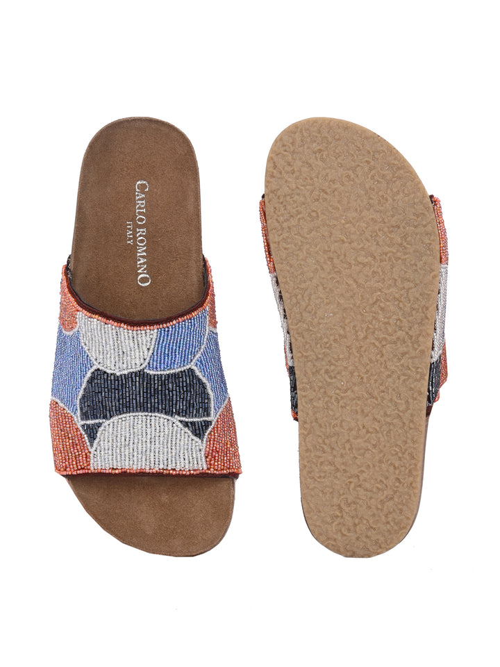 CARLO ROMANO BY WASAN MULTI COLOR EMBROIDERY FASHIONABLE LEATHER SLIPPER  FOR WOMEN