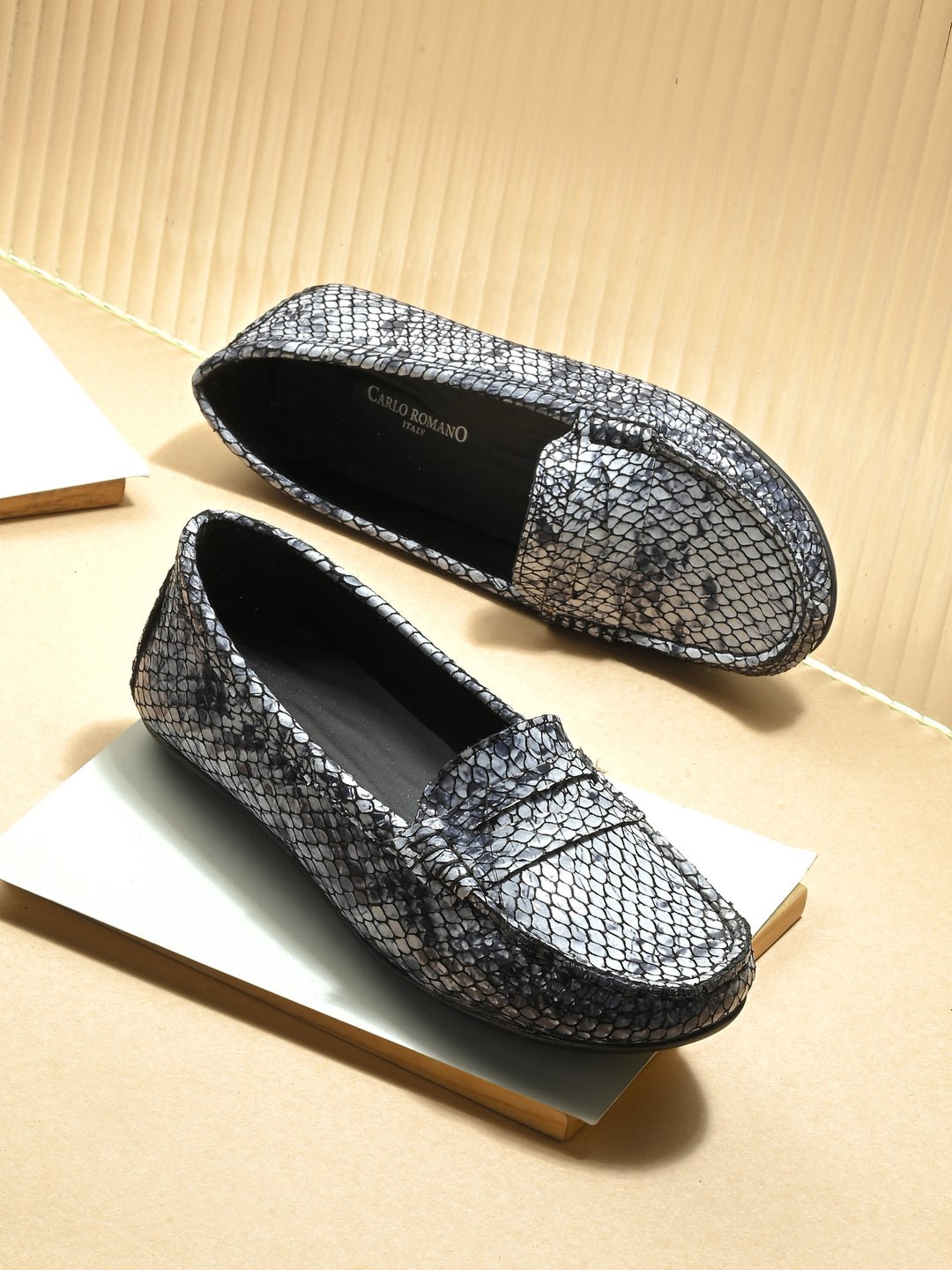 CARLO ROMANO BLACK COLOR SUPER COMFORTABLE SNAKE PRINTED LOAFER SHOES FOR WOMEN