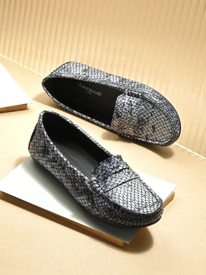 CARLO ROMANO BLACK COLOR SUPER COMFORTABLE SNAKE PRINTED LOAFER SHOES FOR WOMEN
