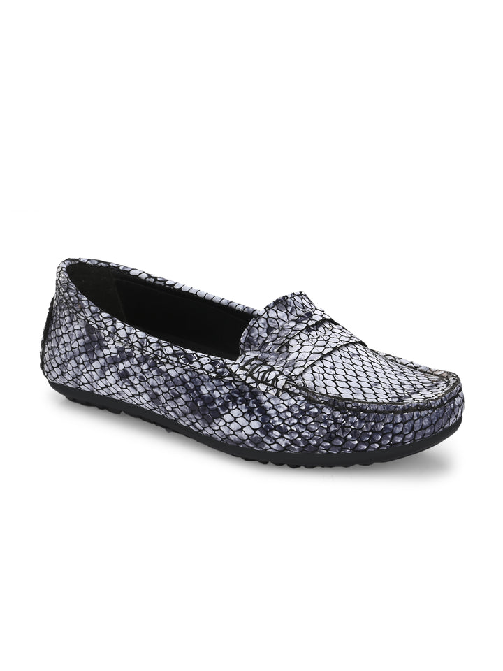 CARLO ROMANO BLACK COLOR SUPER COMFORTABLE SNAKE PRINTED LOAFER SHOES FOR WOMEN