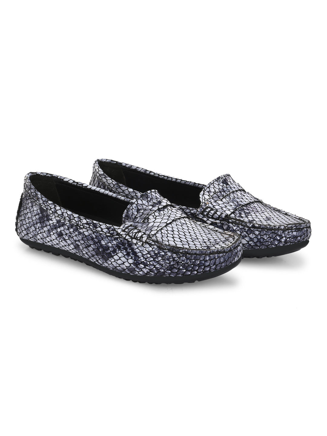 CARLO ROMANO BLACK COLOR SUPER COMFORTABLE SNAKE PRINTED LOAFER SHOES FOR WOMEN