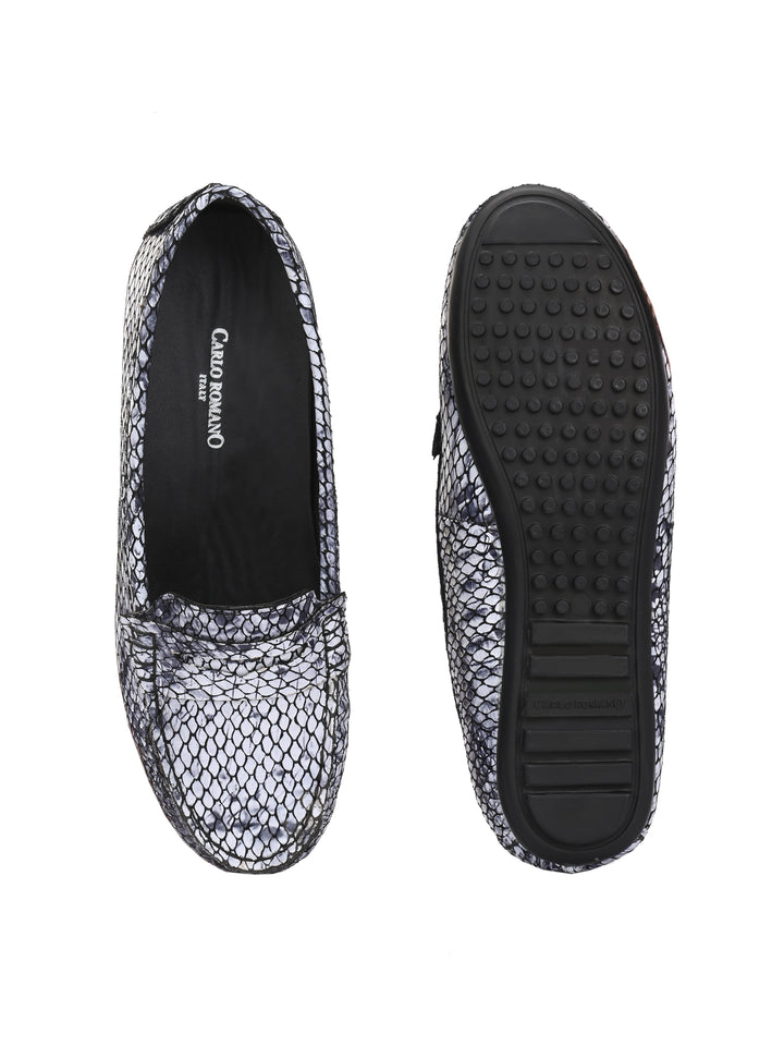CARLO ROMANO BLACK COLOR SUPER COMFORTABLE SNAKE PRINTED LOAFER SHOES FOR WOMEN
