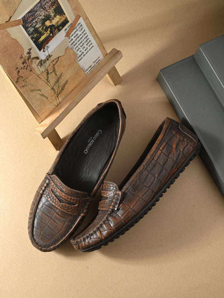 Carlo Romano Brown Italian croco printed Genuine Leather Loafer moccasin shoe for women