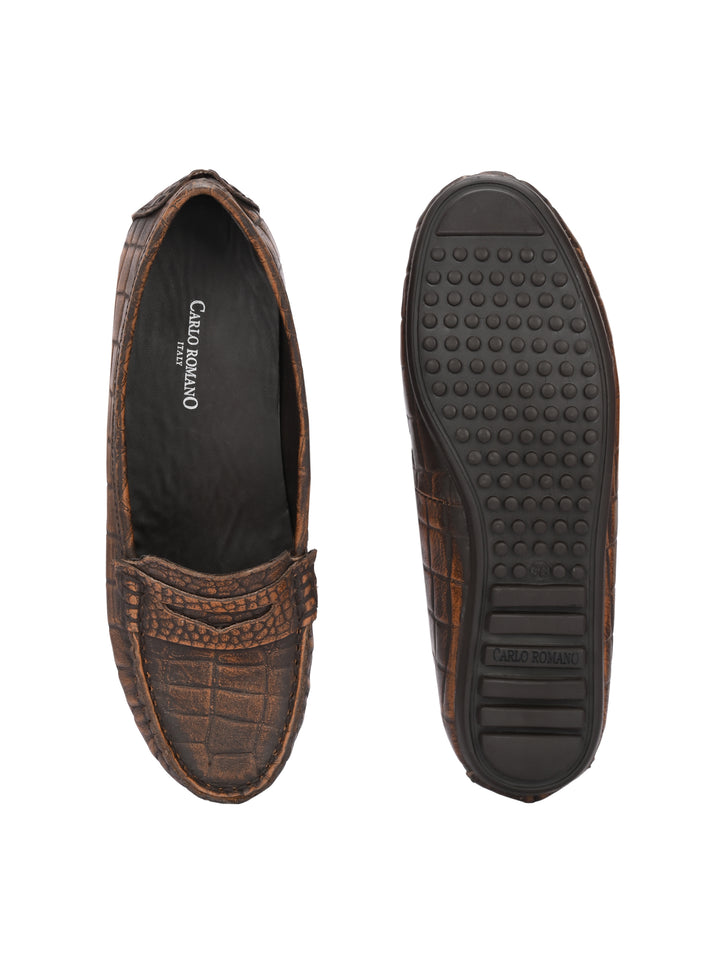 Carlo Romano Brown Italian croco printed Genuine Leather Loafer moccasin shoe for women