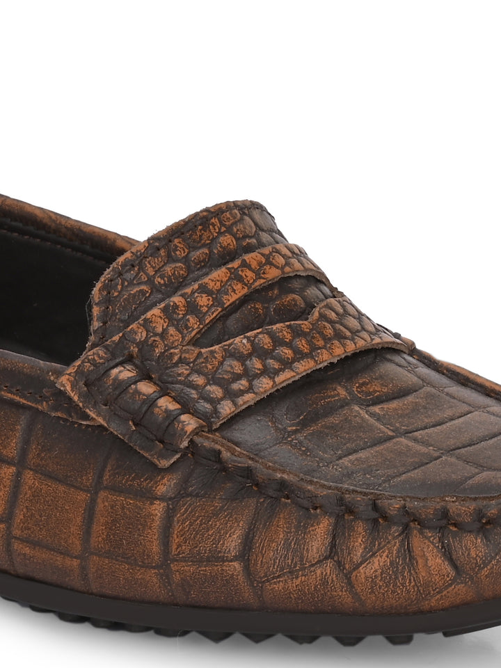 Carlo Romano Brown Italian croco printed Genuine Leather Loafer moccasin shoe for women